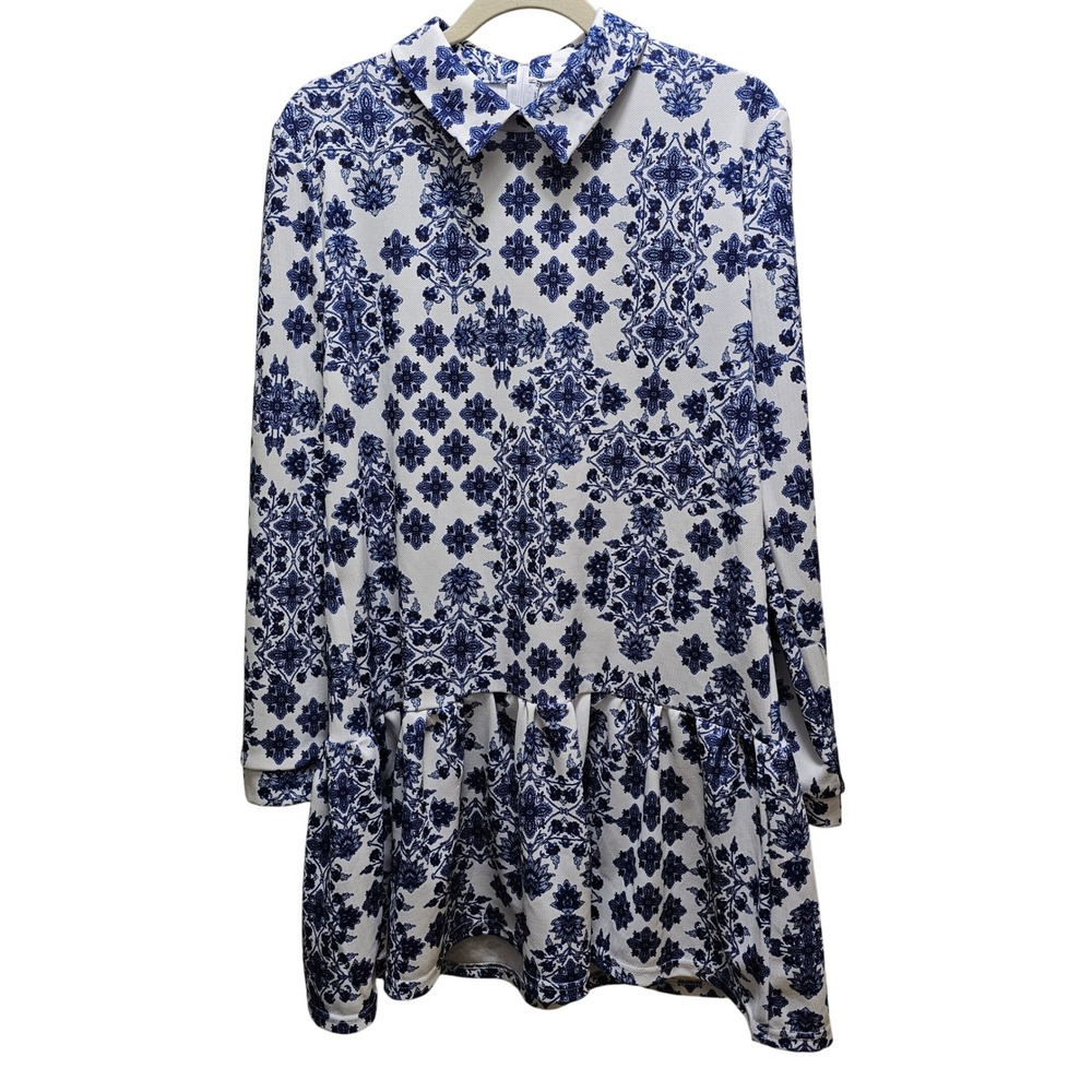 Naoko Blue White Damask Medallion Ruffle Hem Long Sleeve Mini Dress XL Boho